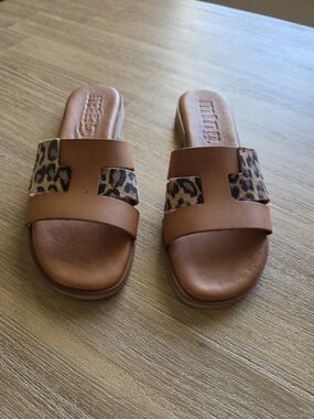 MTNG Brown Slide Sandals with Leopard Print Straps